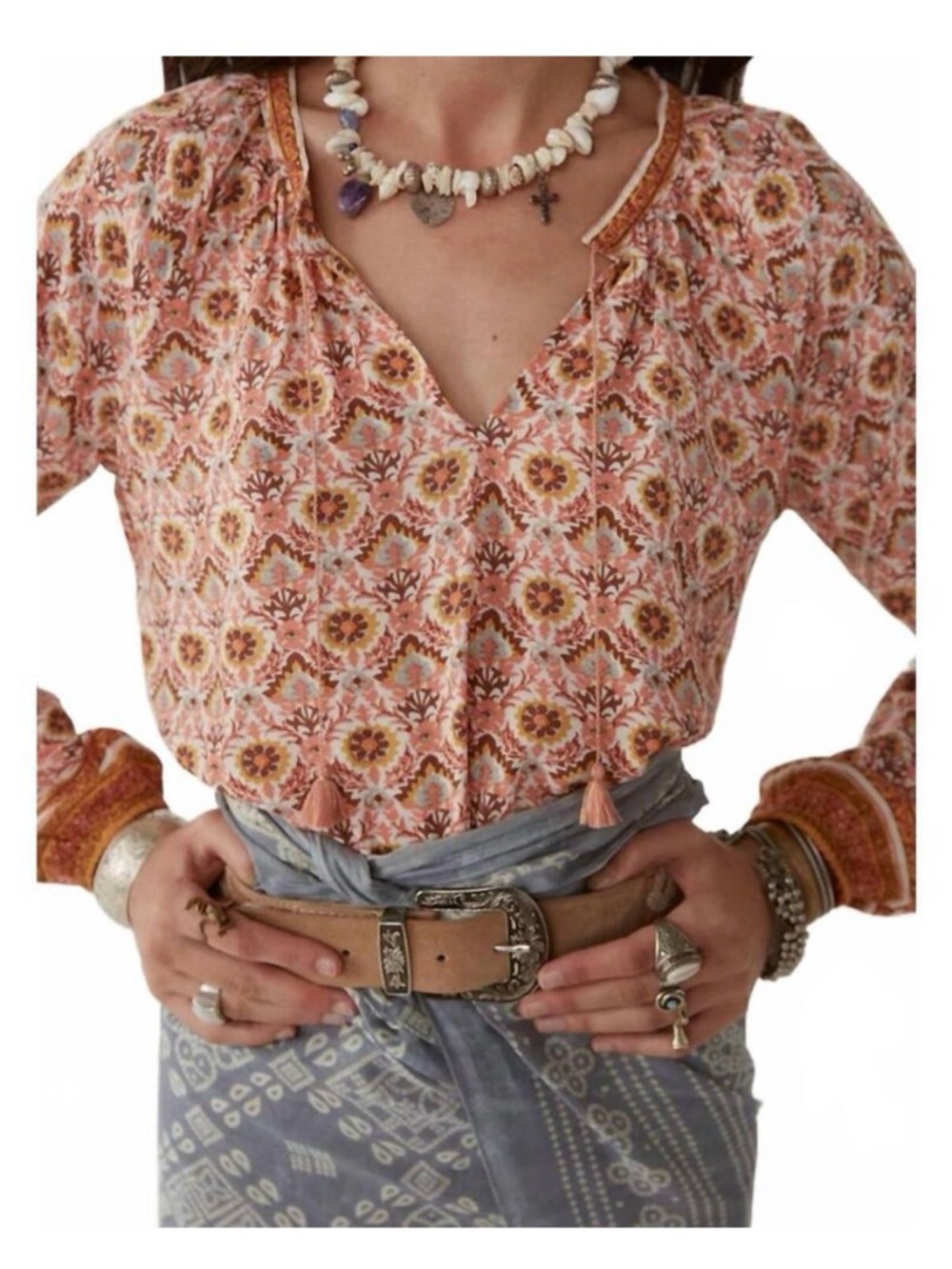 Madison Hotel Women's Coral French Floral Boho V-Neck Blouse